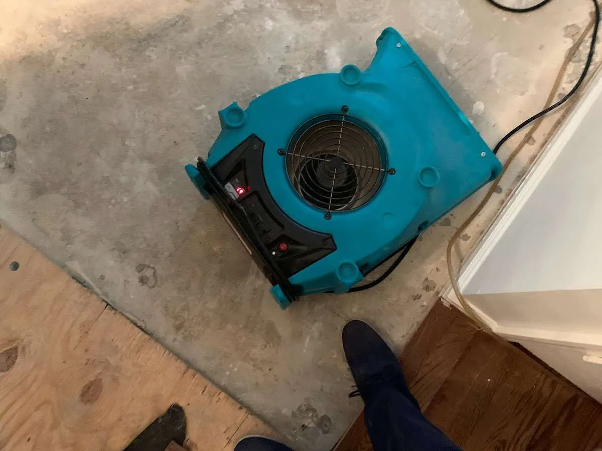 Air mover drying subfloor during Leak Detection & Repair in Spring Valley